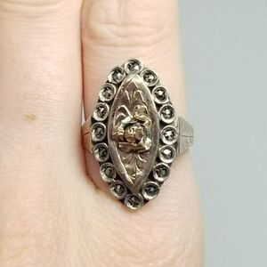 Antique Rose Gold and Silver Navette Marquise Shape Ring Size 7 1/2 Victorian